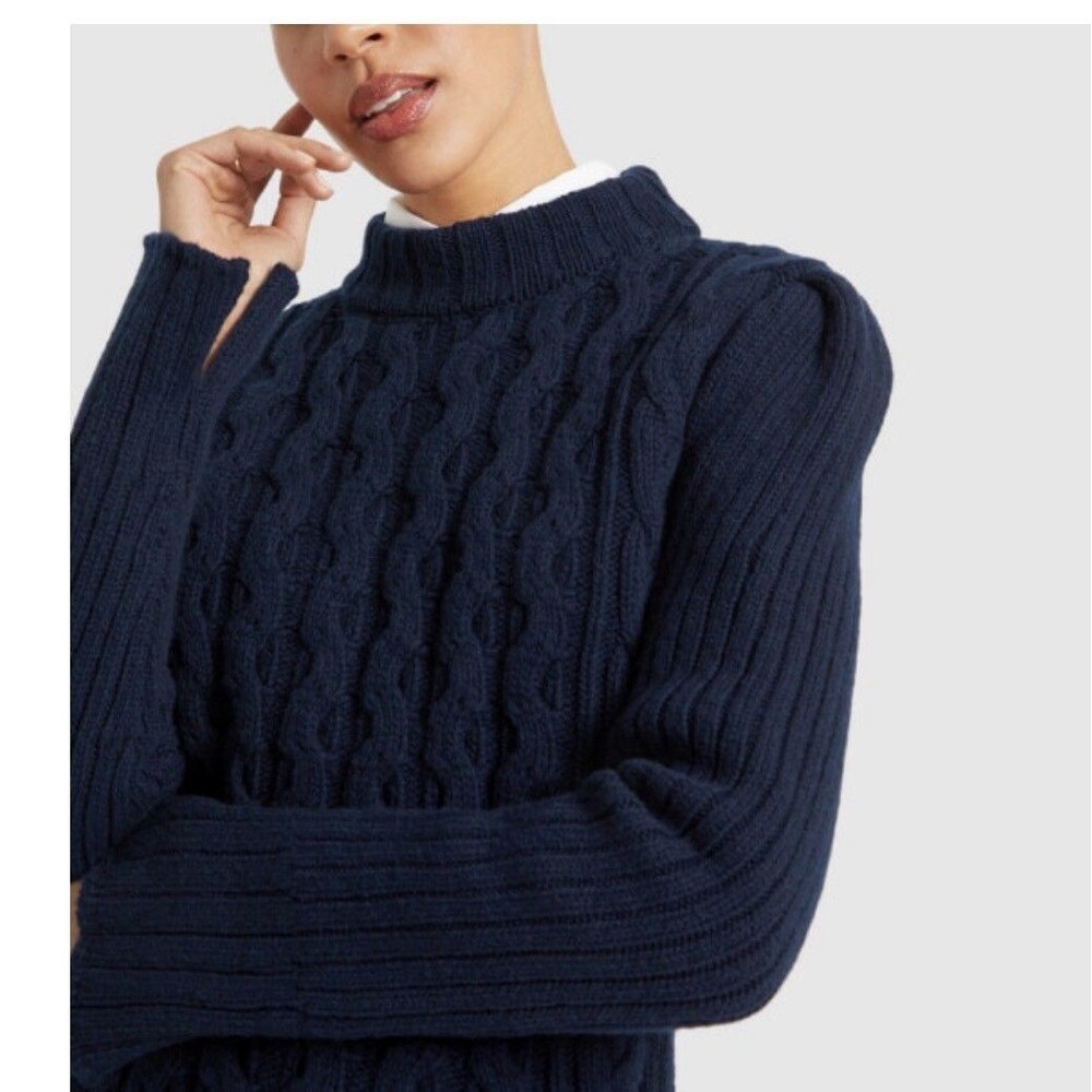 GWYN / G. Label by Goop Ryanne Cableknit Navy Blue Wool Sweater Fisherman $499